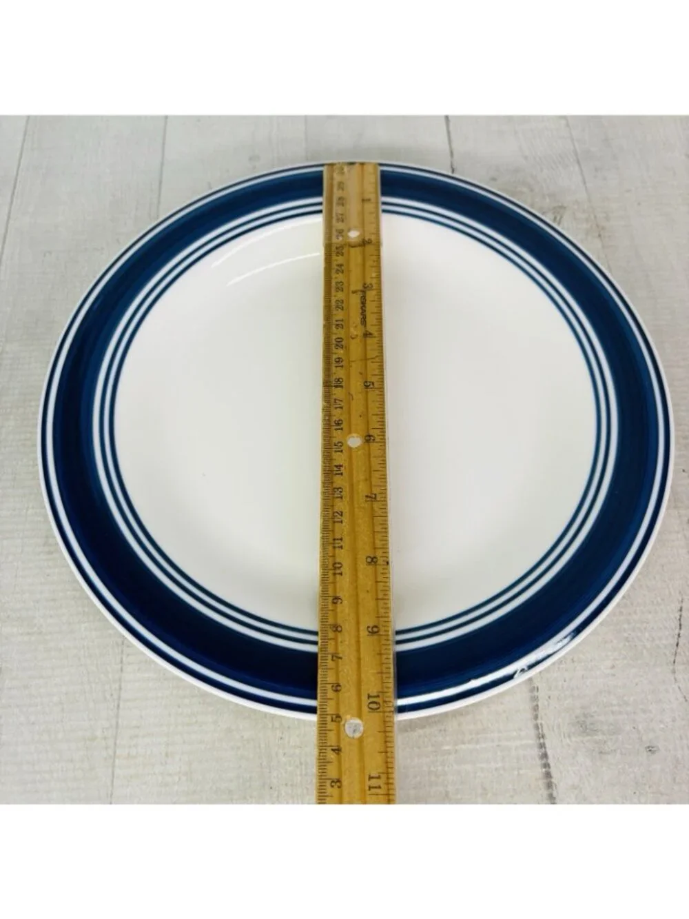 Mainstays CASUAL BANDED ROYAL BLUE Rings Stoneware White Dinner Plates Set of 4